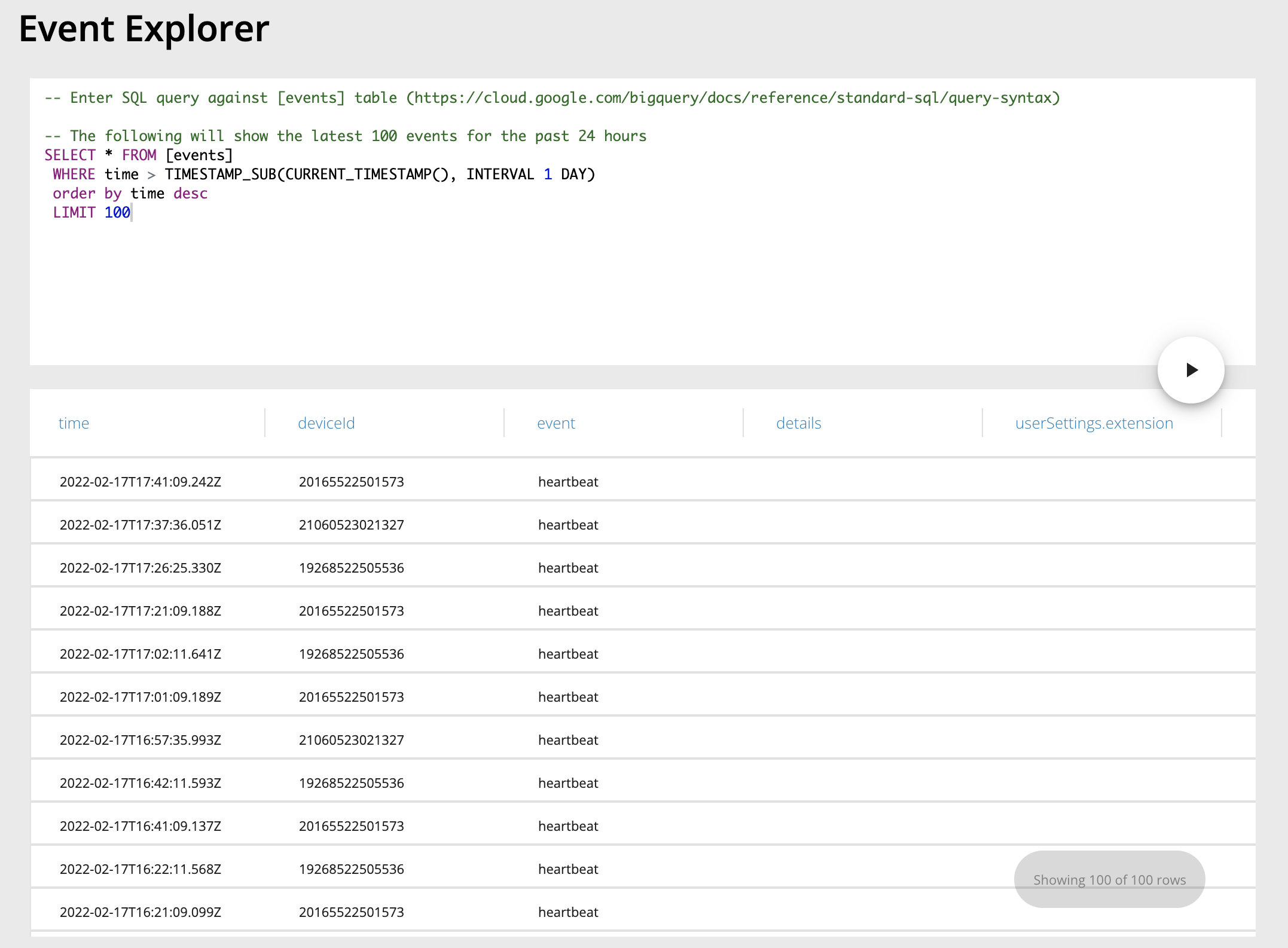 Event Explorer Results